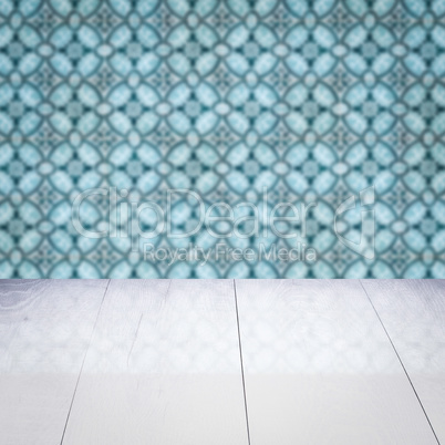 Wood table top and blur vintage ceramic tile pattern wall