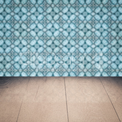 Wood table top and blur vintage ceramic tile pattern wall