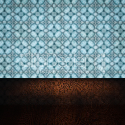 Wood table top and blur vintage ceramic tile pattern wall