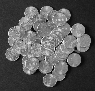 Black and white Dollar coins 1 cent wheat penny