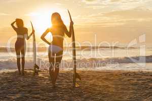 Women Bikini Surfer & Surfboard Sunset Beach