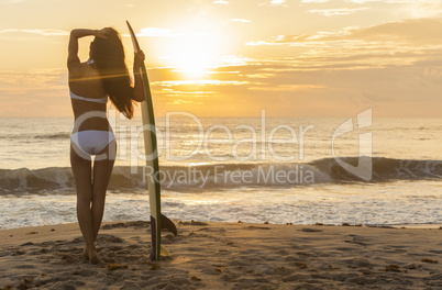 Woman Bikini Surfer & Surfboard Sunset Beach