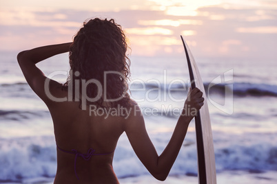 Woman Bikini Surfer & Surfboard Sunset Beach