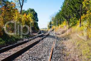 Train tracks curving left with telegraph poles on right