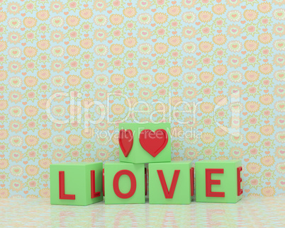 Green-light green cubes with the word love