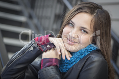 Portrait of Pretty Young Girl Weather Leather Jacket