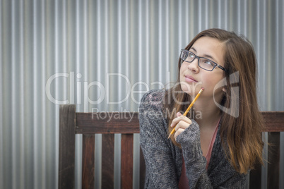 Young Daydreaming Female Student With Pencil Looking to the Side