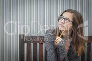 Young Daydreaming Female Student With Pencil Looking to the Side