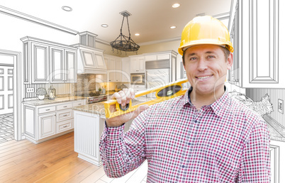 Contractor in Hard Hat Over Custom Kitchen Drawing and Photo