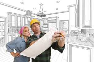 Contractor Discussing Plans with Woman, Kitchen Drawing Behind