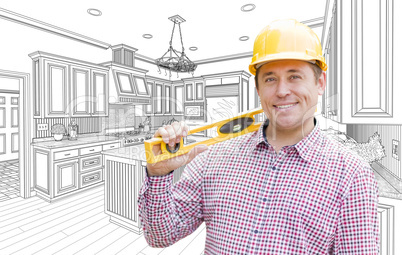 Contractor in Hard Hat with Level Over Custom Kitchen Drawing