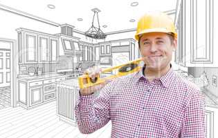 Contractor in Hard Hat with Level Over Custom Kitchen Drawing