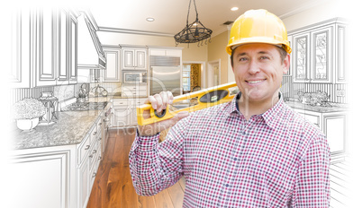 Contractor in Hard Hat Over Custom Kitchen Drawing and Photo