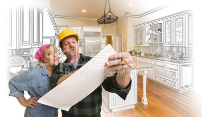 Contractor Discussing Plans with Woman, Kitchen Drawing Photo Be