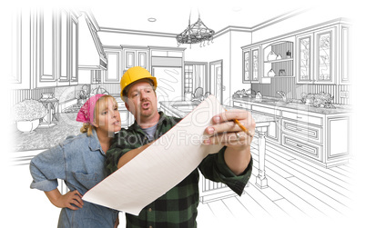 Contractor Discussing Plans with Woman, Kitchen Drawing Behind