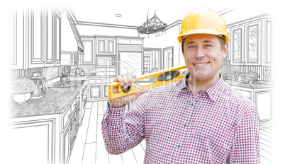 Contractor in Hard Hat with Level Over Custom Kitchen Drawing