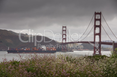 Golden-Gate Bridge and a cargo ship on a cloudy day