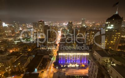 Aerial Views of San Francisco Financial District from Nob Hill, Dusk