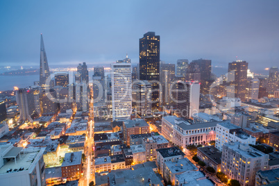 Aerial Views of San Francisco Financial District from Nob Hill, Dusk