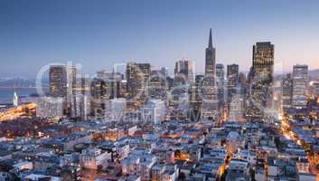 San Francisco Downtown from top of Coit Tower in Telegraph Hill, Dusk.