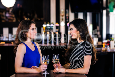 Brunettes talking and holding glasses of white wine