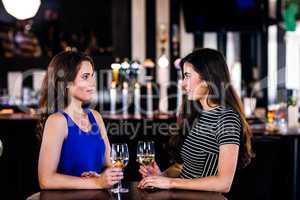 Brunettes talking and holding glasses of white wine