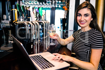 Attractive woman using laptop and having a glass of wine