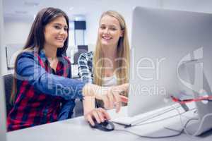 Smiling students using computer