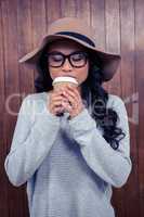 Asian woman drinking by disposable cup