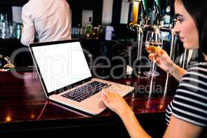 Attractive woman using laptop and having a glass of wine
