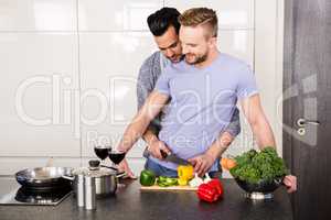 smiling gay couple preparing food