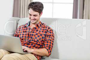 Handsome man using laptop on the couch