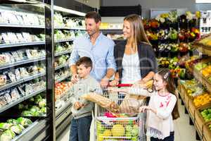 Cute family choosing groceries together