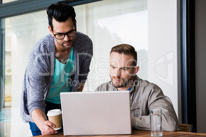 Focused gay couple using laptop
