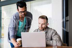 Focused gay couple using laptop