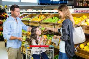 Cute family choosing groceries together