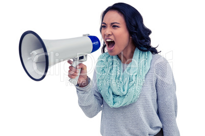 Asian woman shouting through megaphone