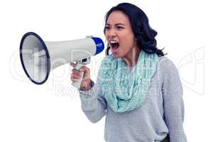 Asian woman shouting through megaphone
