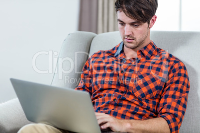 Handsome man using laptop on the couch