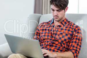 Handsome man using laptop on the couch