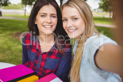 Smiling students studying outdoor