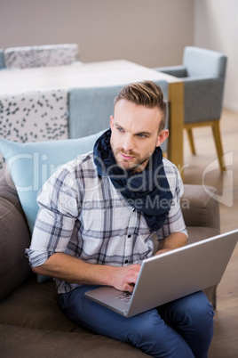 Handsome man using laptop on couch