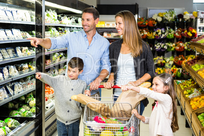 Cute family choosing groceries together