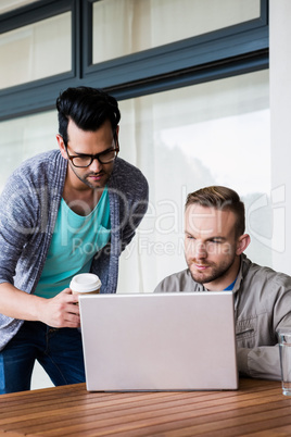 Focused gay couple using laptop