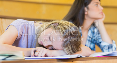 Bored student listening while classmate sleeping