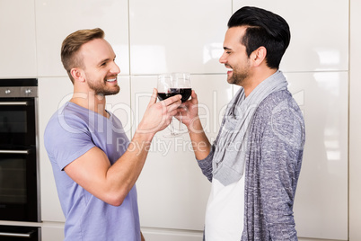 Smiling gay drinking red wine