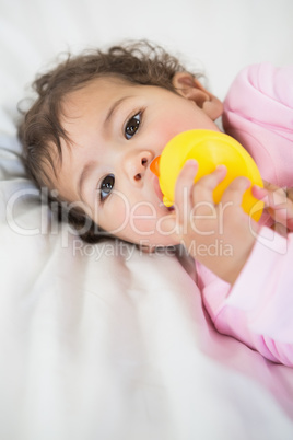 Cute baby holding duck