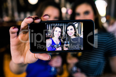 Happy brunettes taking selfie with white wine