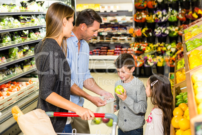 Cute family choosing groceries together