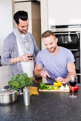 smiling gay couple preparing food